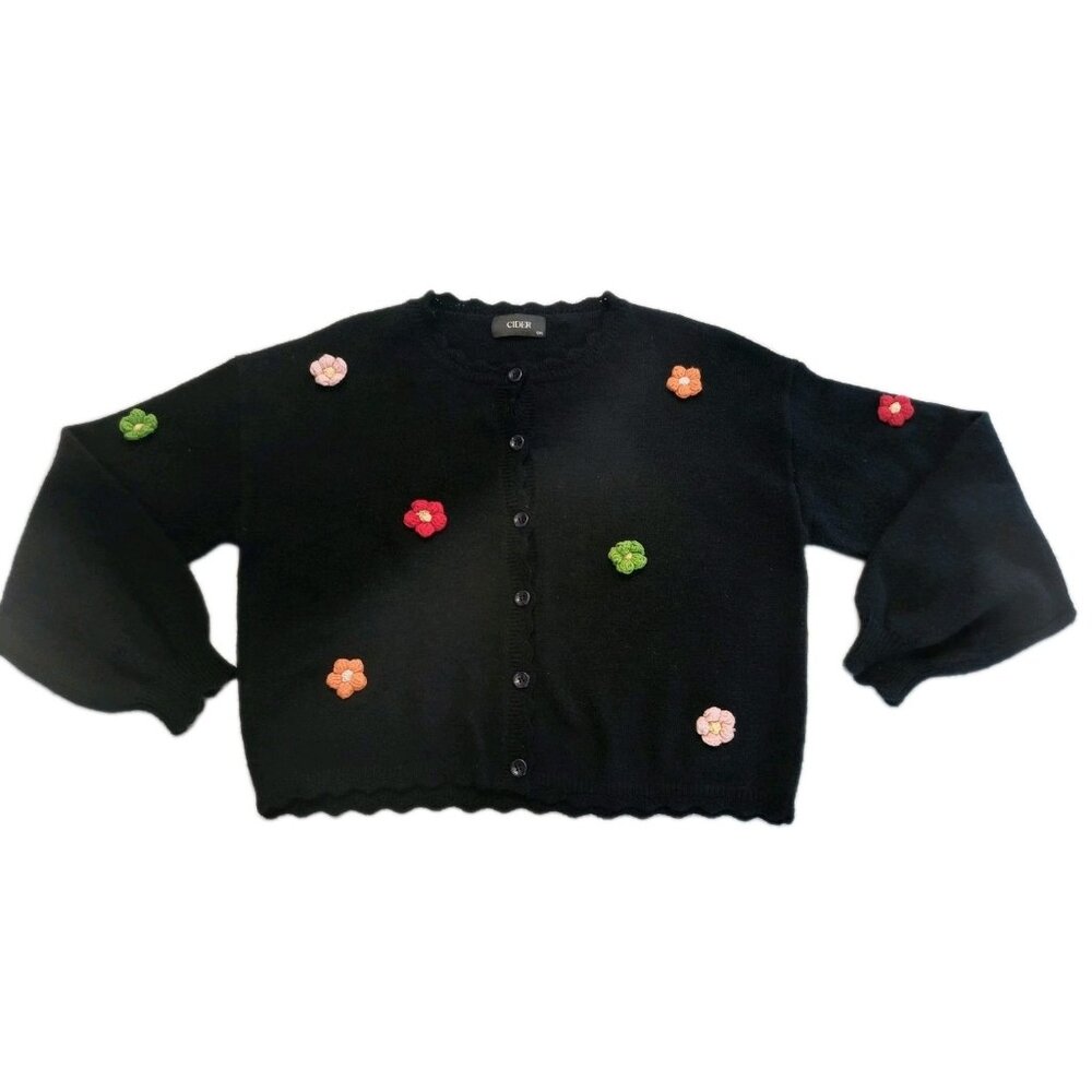 CIDER Knit Pullover Women OXL Button Cozy Preppy Fall Black Floral Croche